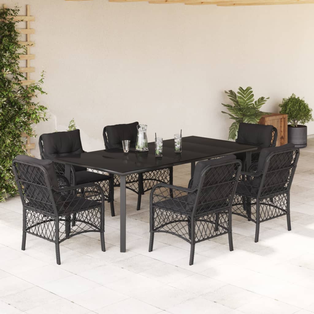 Set da Pranzo da Giardino 7 pz Nero con Cuscini in Polyrattan 3212108
