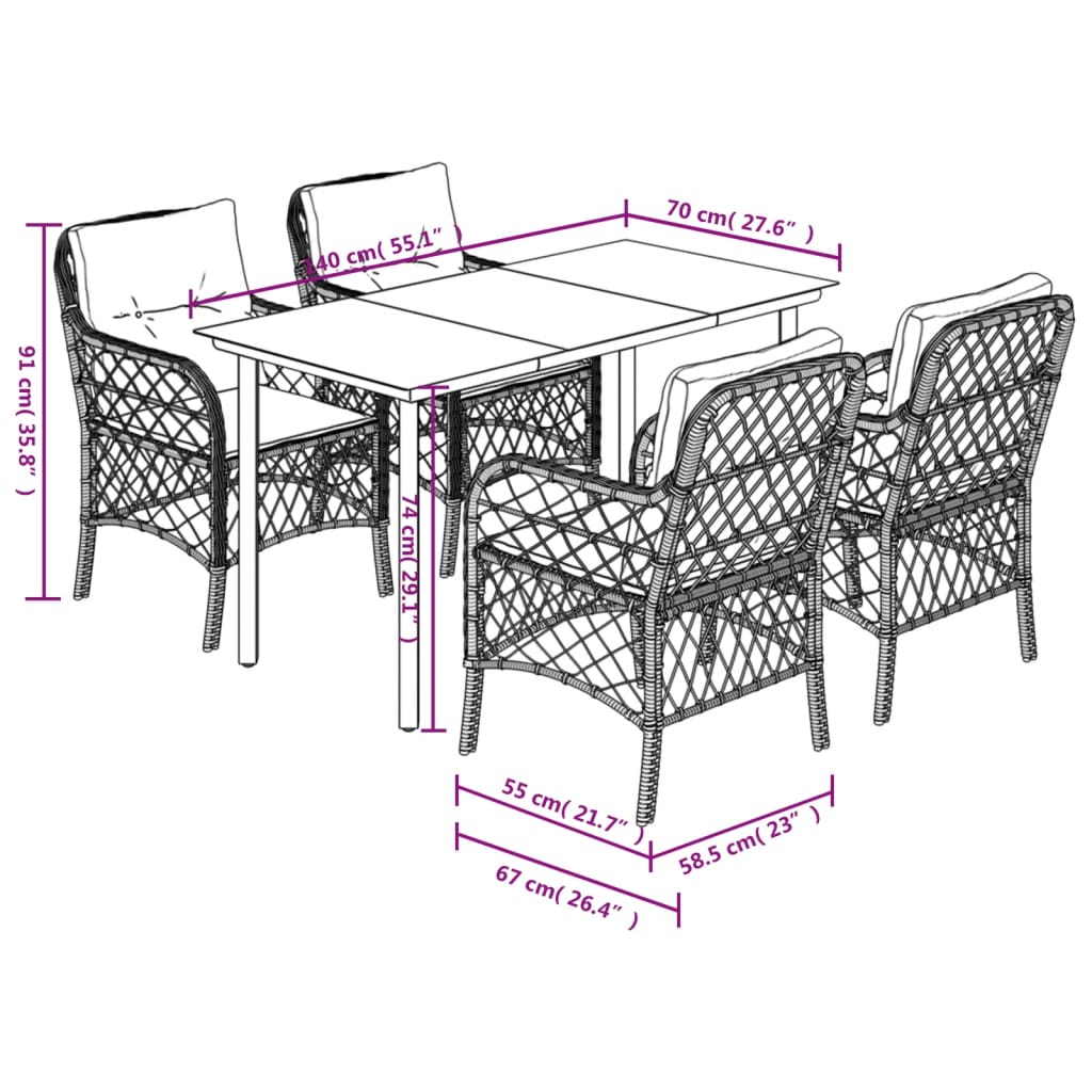 Set da Pranzo da Giardino 5pz con Cuscini in Polyrattan Marrone 3212119