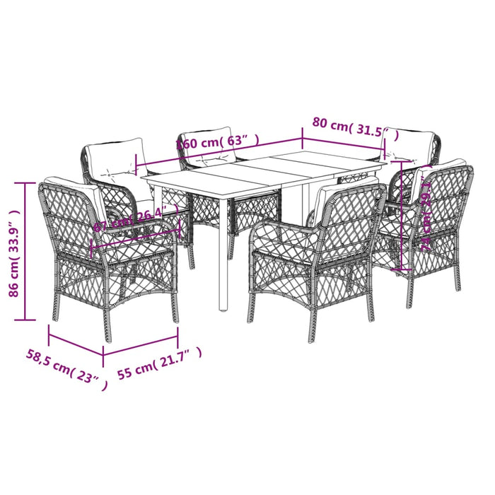 Set da Pranzo da Giardino 7 pz con Cuscini Beige in Polyrattan 3212149