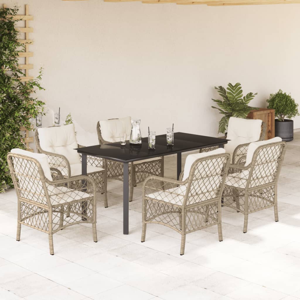Set da Pranzo da Giardino 7 pz con Cuscini Beige in Polyrattan 3212149