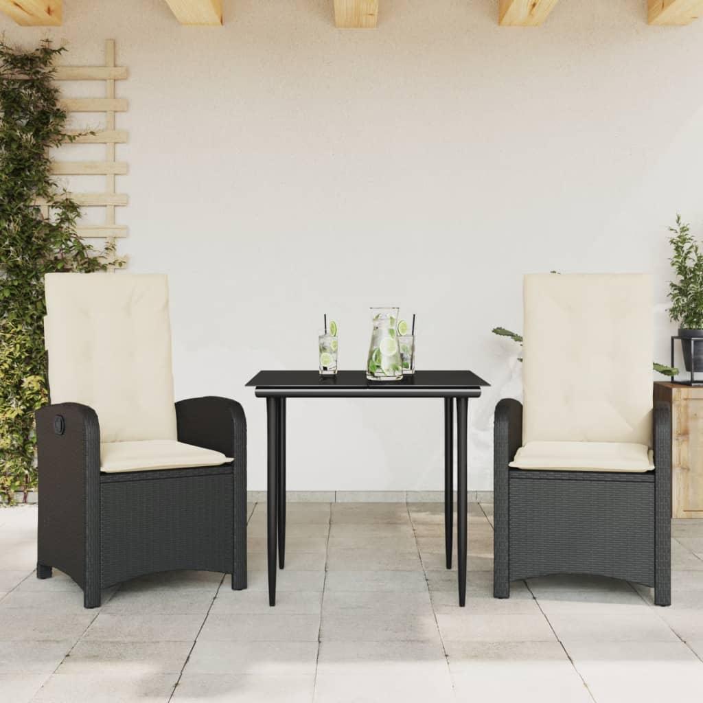 Set da Pranzo da Giardino 3 pz con Cuscini Nero in Polyrattan 3212290