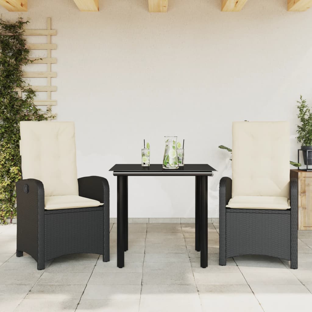Set da Pranzo da Giardino 3 pz con Cuscini Nero in Polyrattan 3212300