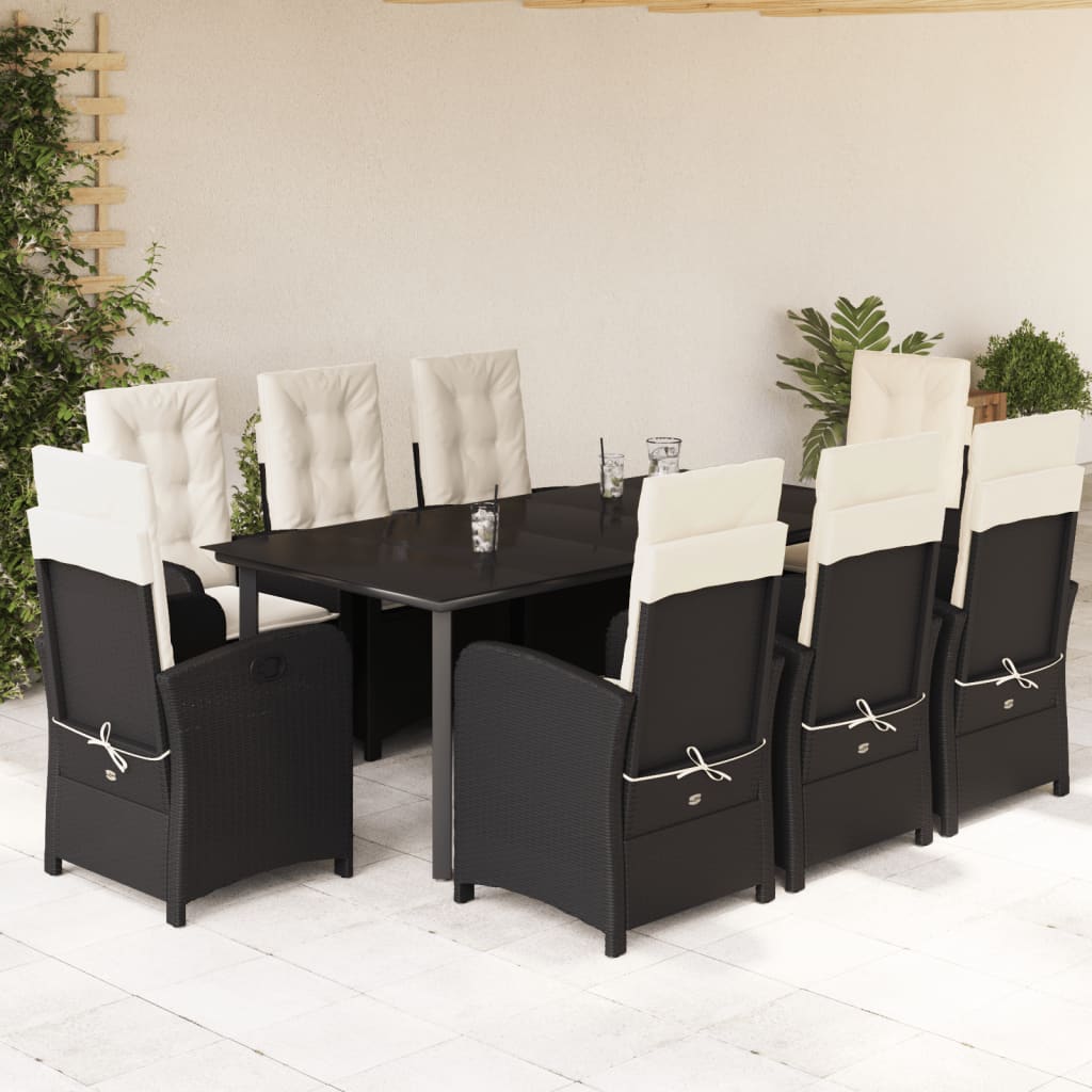 Set da Pranzo da Giardino 9 pz con Cuscini Nero in Polyrattan 3212308