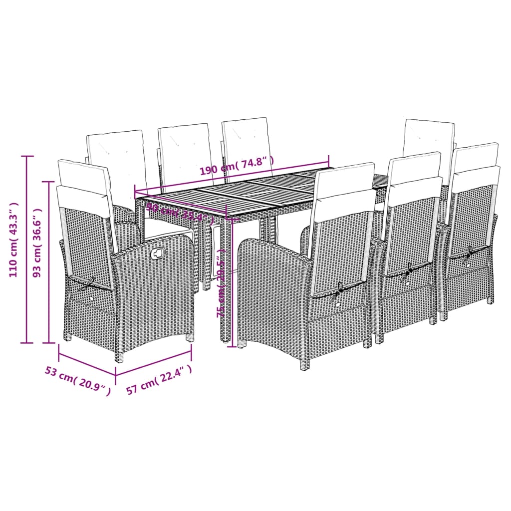 Set da Pranzo da Giardino 9 pz con Cuscini in Polyrattan Grigio 3212485