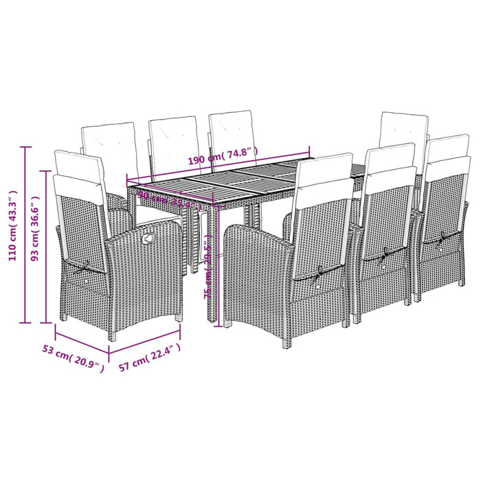 Set da Pranzo da Giardino 9 pz con Cuscini in Polyrattan Grigio 3212485