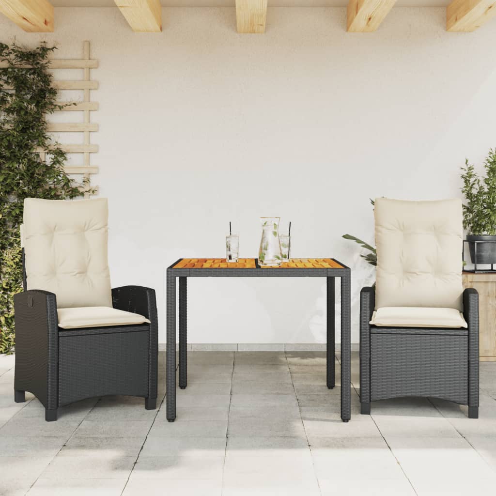 Set da Pranzo da Giardino 3 pz con Cuscini Nero in Polyrattan 3212653