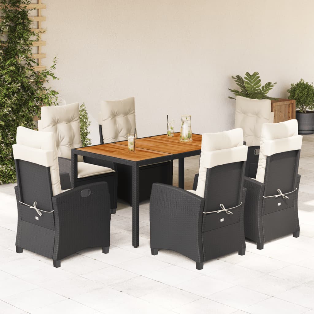 Set da Pranzo da Giardino 7 pz Nero con Cuscini in Polyrattan 3212658