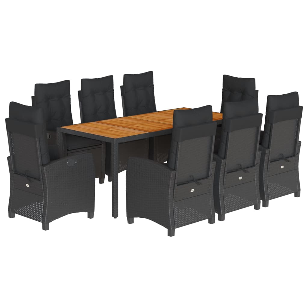 Set da Pranzo da Giardino 9 pz con Cuscini Nero in Polyrattan