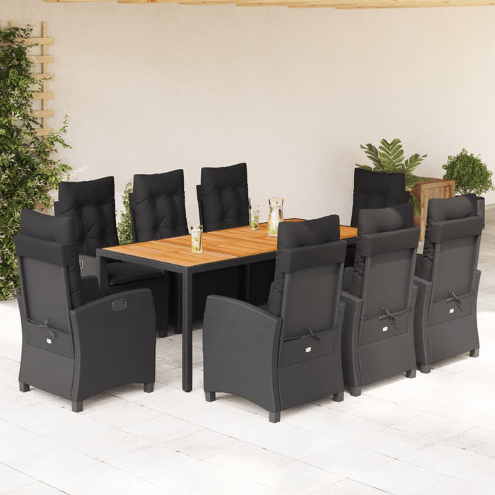 Set da Pranzo da Giardino 9 pz con Cuscini Nero in Polyrattan