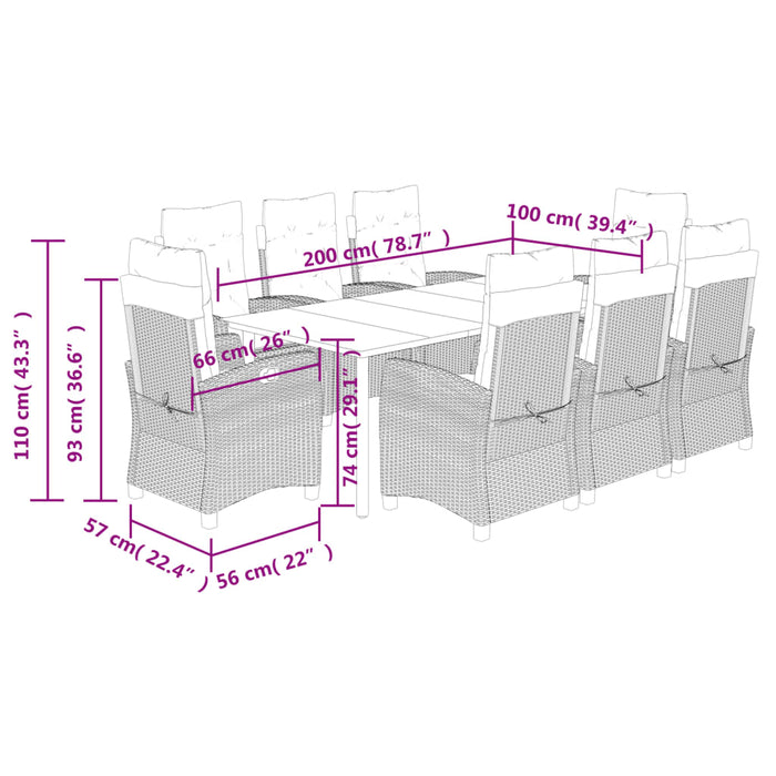 Set da Pranzo da Giardino 9 pz con Cuscini Nero in Polyrattan 3212740