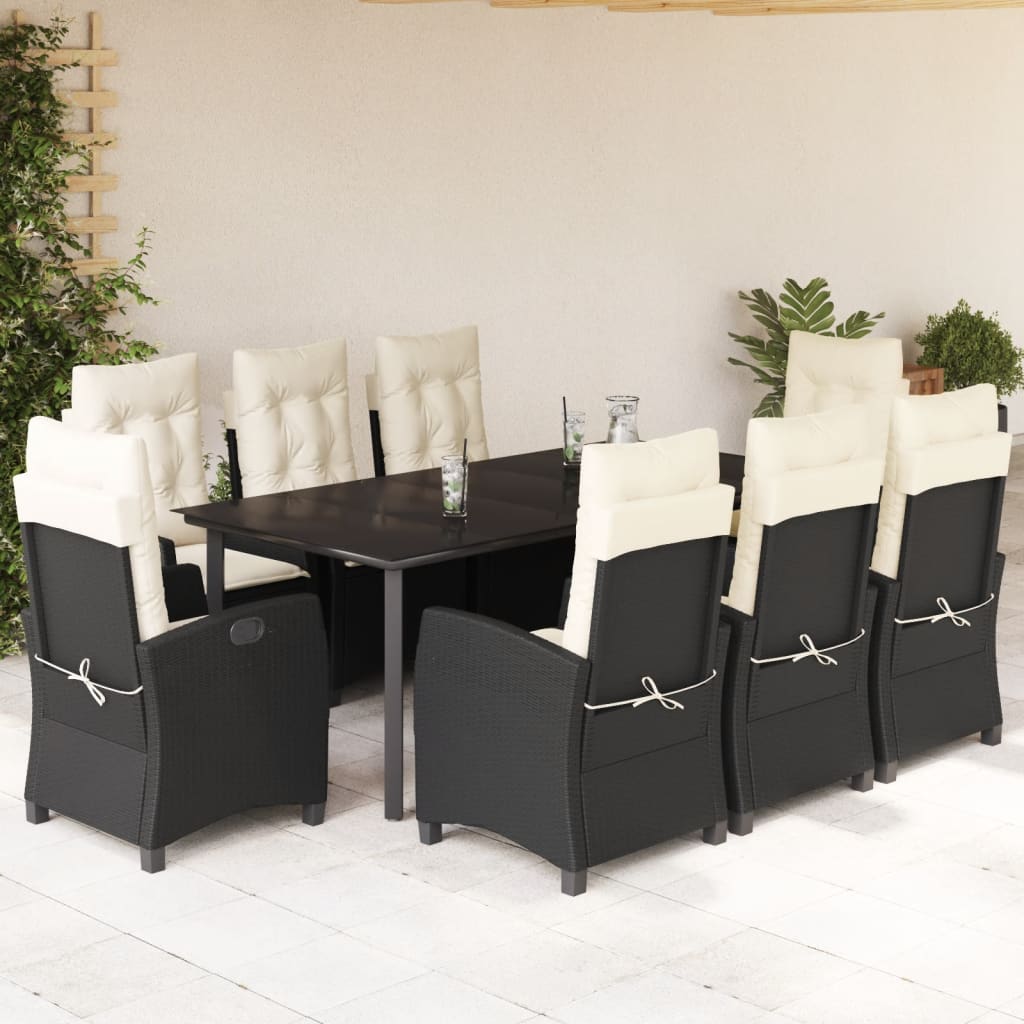 Set da Pranzo da Giardino 9 pz con Cuscini Nero in Polyrattan 3212740