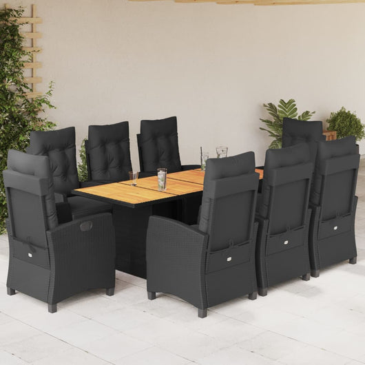 Set da Pranzo da Giardino 9 pz con Cuscini Nero in Polyrattan 3212937