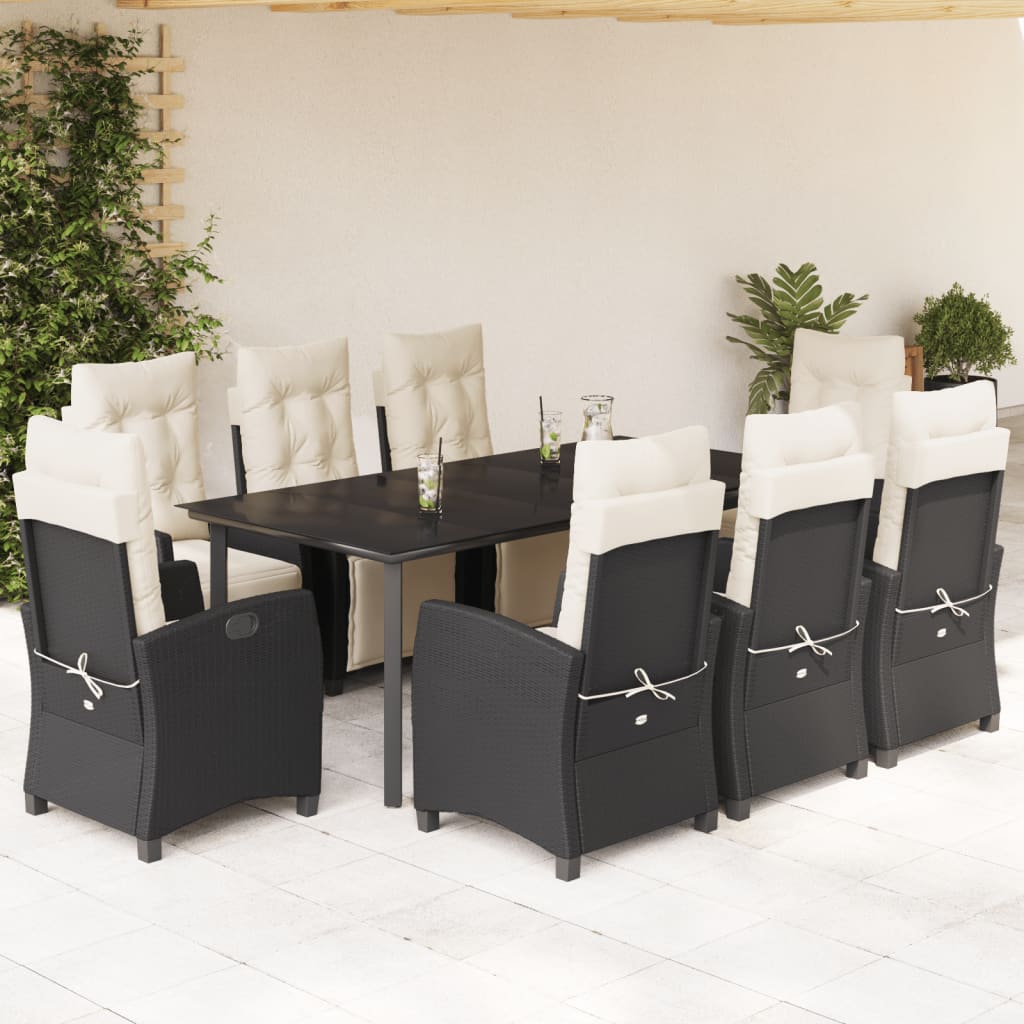 Set da Pranzo da Giardino 9 pz con Cuscini Nero in Polyrattan 3212959