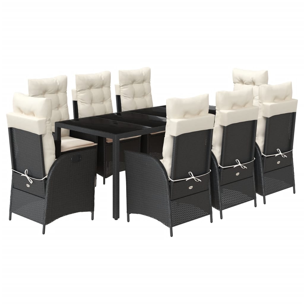 Set da Pranzo da Giardino 9 pz con Cuscini Nero in Polyrattan 3213066