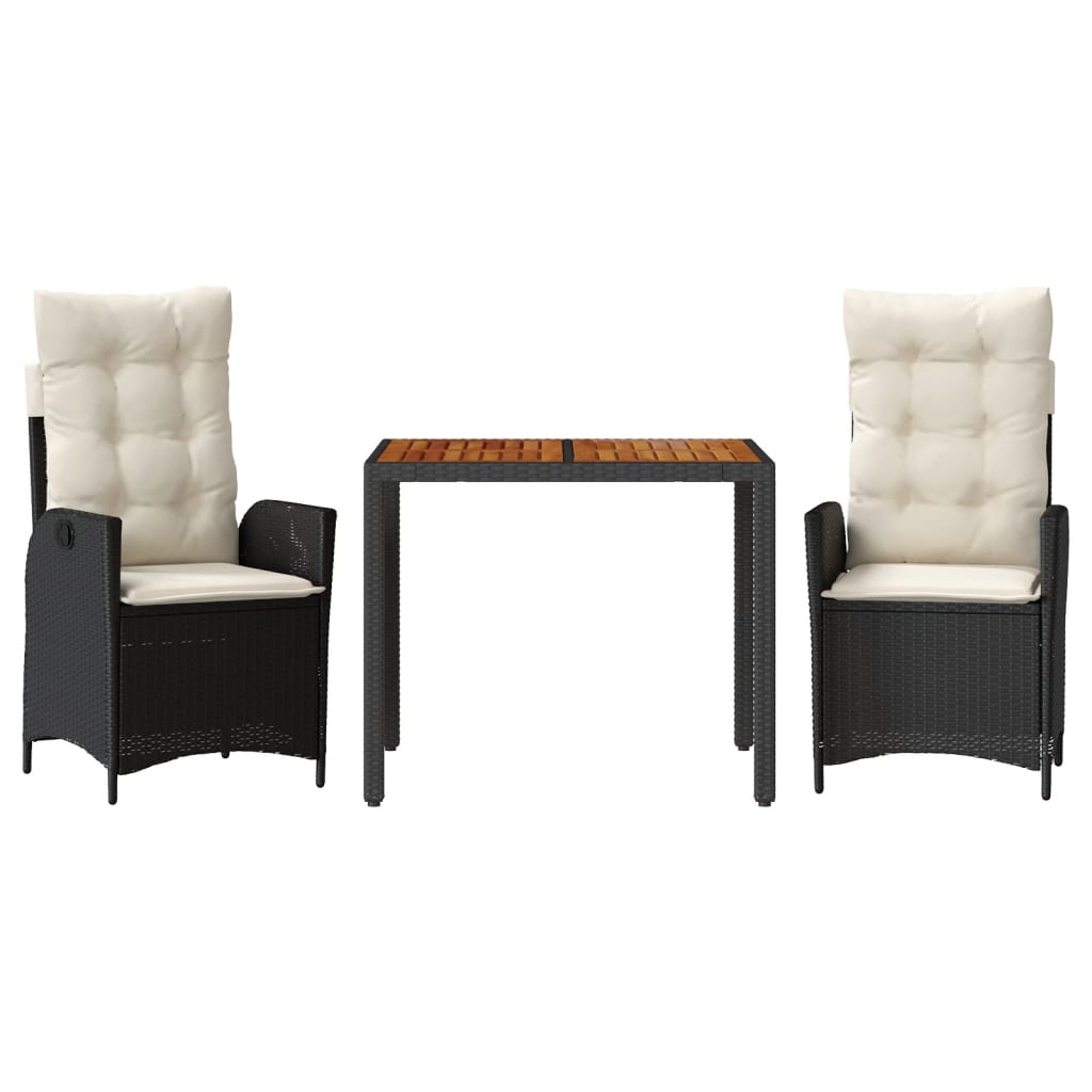 Set da Pranzo da Giardino 3 pz con Cuscini Nero in Polyrattan