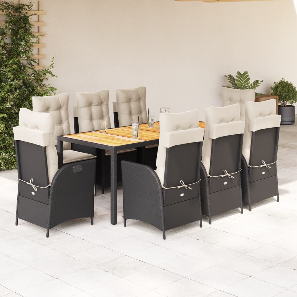 Set da Pranzo da Giardino 9 pz con Cuscini Nero in Polyrattan 3213093