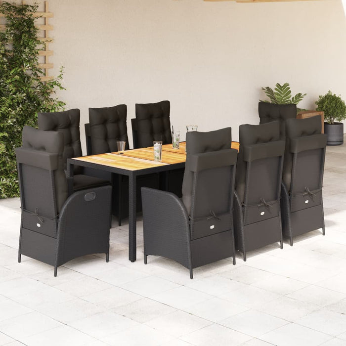 Set da Pranzo da Giardino 9 pz con Cuscini Nero in Polyrattan