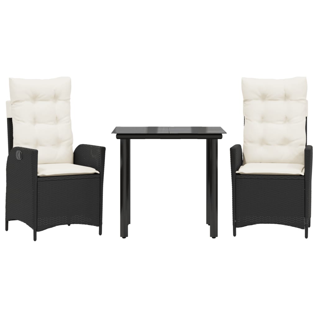 Set da Pranzo da Giardino 3 pz con Cuscini Nero in Polyrattan