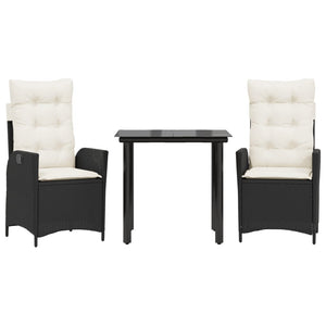 Set da Pranzo da Giardino 3 pz con Cuscini Nero in Polyrattan