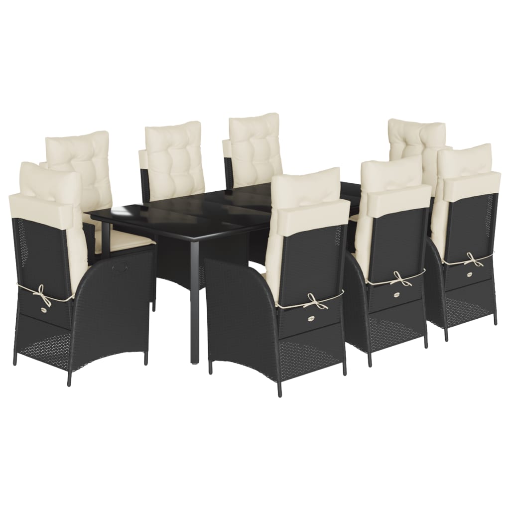 Set da Pranzo da Giardino 9 pz con Cuscini Nero in Polyrattan 3213173