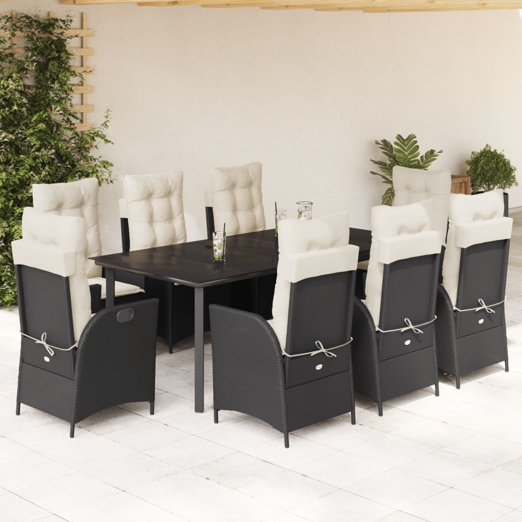 Set da Pranzo da Giardino 9 pz con Cuscini Nero in Polyrattan 3213173