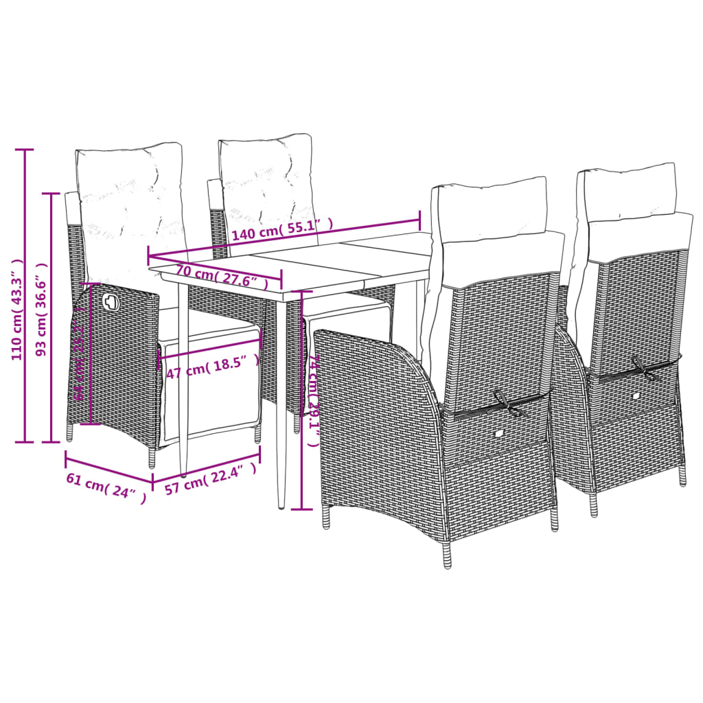 Set da Pranzo da Giardino 5 pz Nero con Cuscini in Polyrattan 3213394