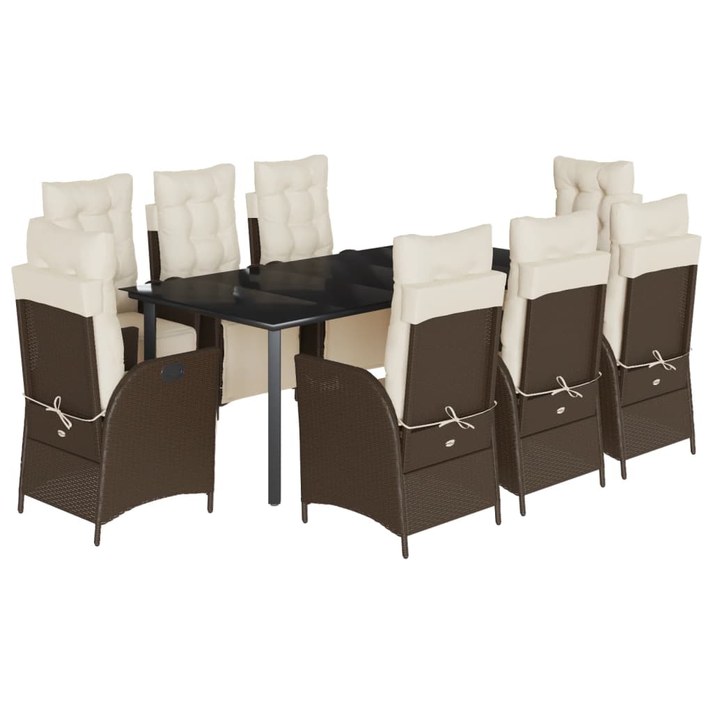 Set da Pranzo da Giardino 9pz con Cuscini Marrone in Polyrattan
