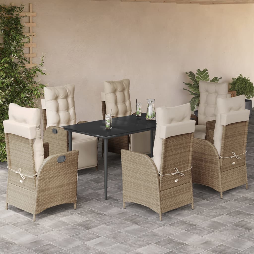 Set da Pranzo da Giardino 7 pz con Cuscini Beige in Polyrattan