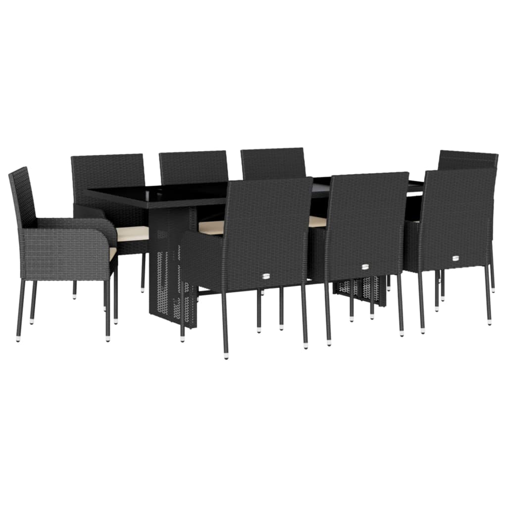 Set da Pranzo da Giardino 9 pz con Cuscini Nero in Polyrattan 3213507