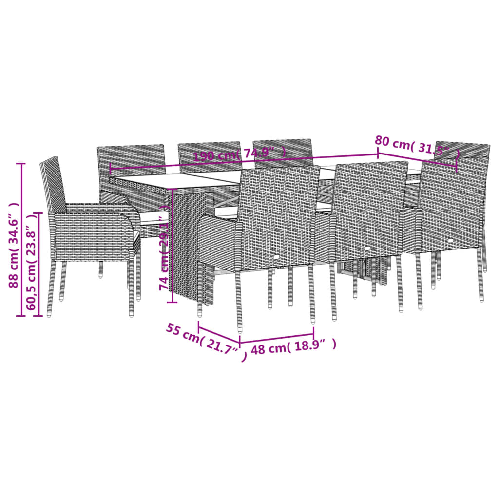 Set da Pranzo da Giardino 9 pz con Cuscini Nero in Polyrattan 3213507