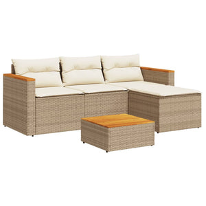 Set Divano da Giardino 5 pz con Cuscini Beige Polyrattan Acacia