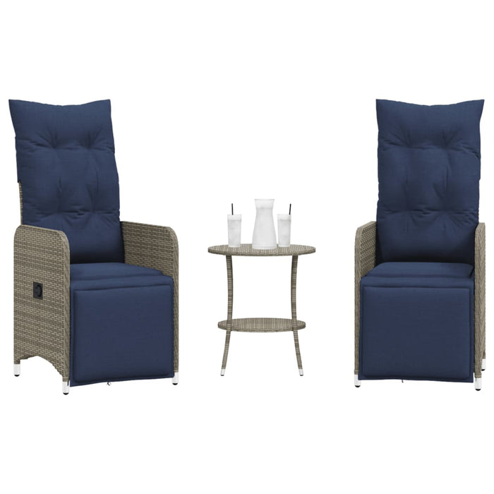 Sedie da giardino reclinabili 2 pz con tavolo grigio in polyrattan 365709