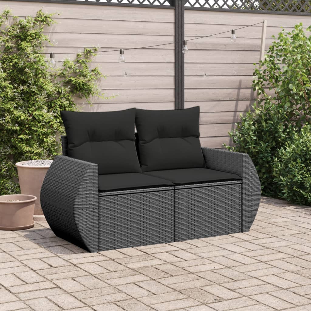 Divano da Giardino con Cuscini a 2 Posti Nero in Polyrattan 365973