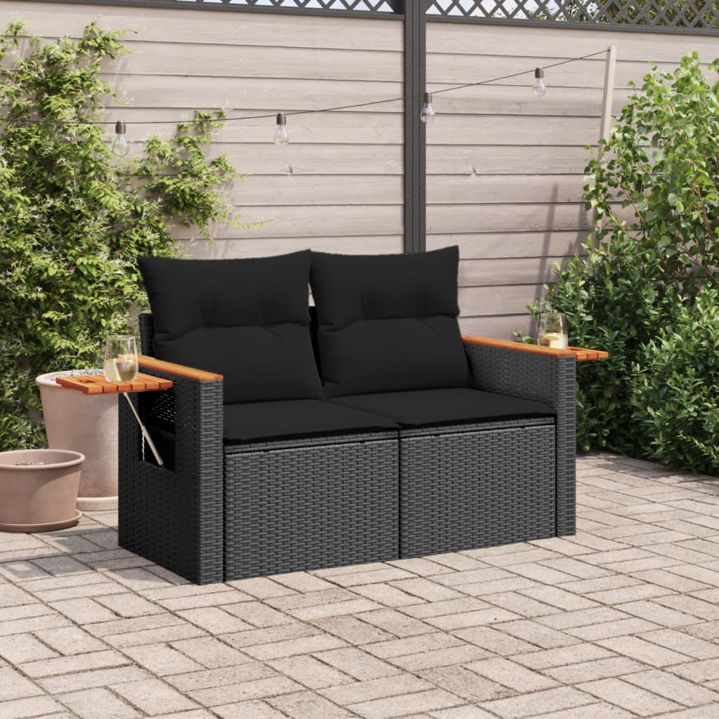 Divano da Giardino con Cuscini a 2 Posti Nero in Polyrattan 365978
