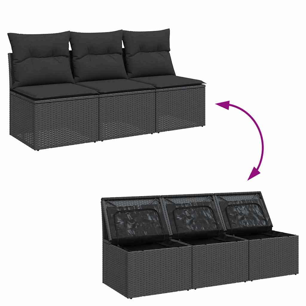 Divano da giardino con cuscini 3 posti nero in polyrattan 365988
