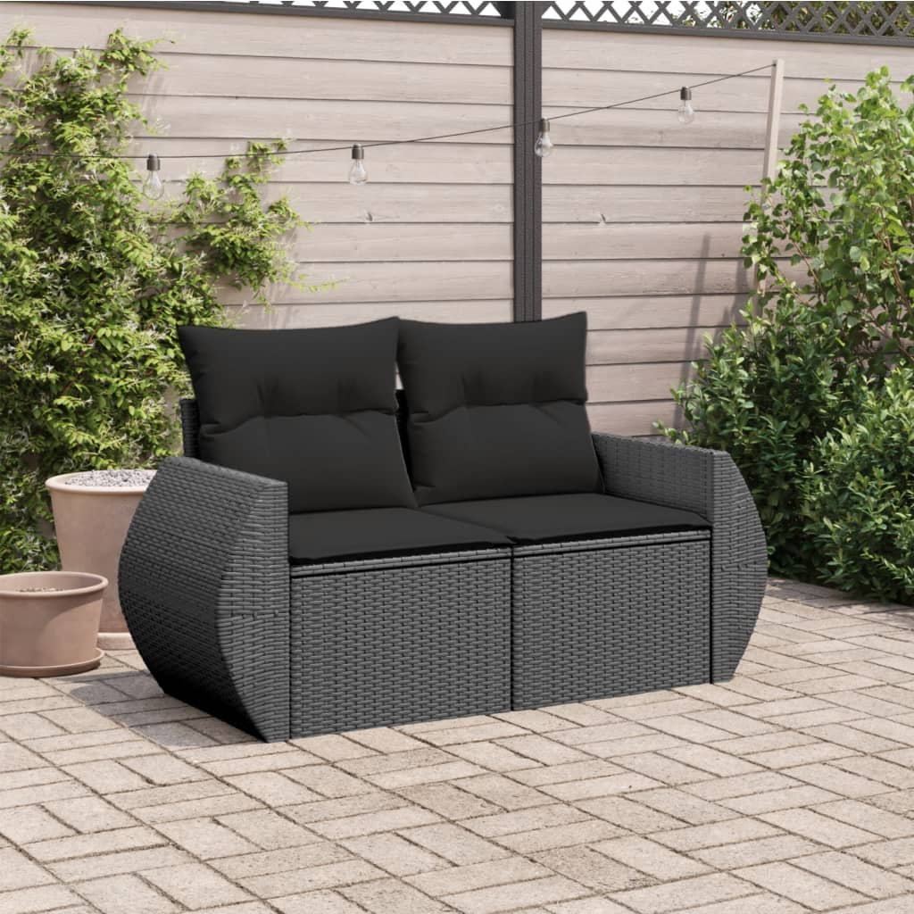 Divano da giardino con cuscini 2 posti nero in polyrattan 365991