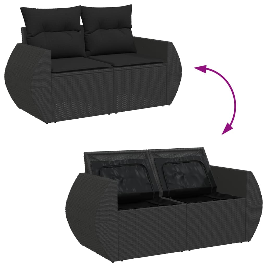 Divano da giardino con cuscini 2 posti nero in polyrattan 365991
