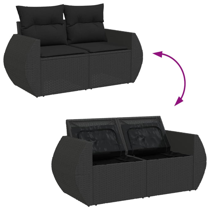Divano da giardino con cuscini 2 posti nero in polyrattan 365991