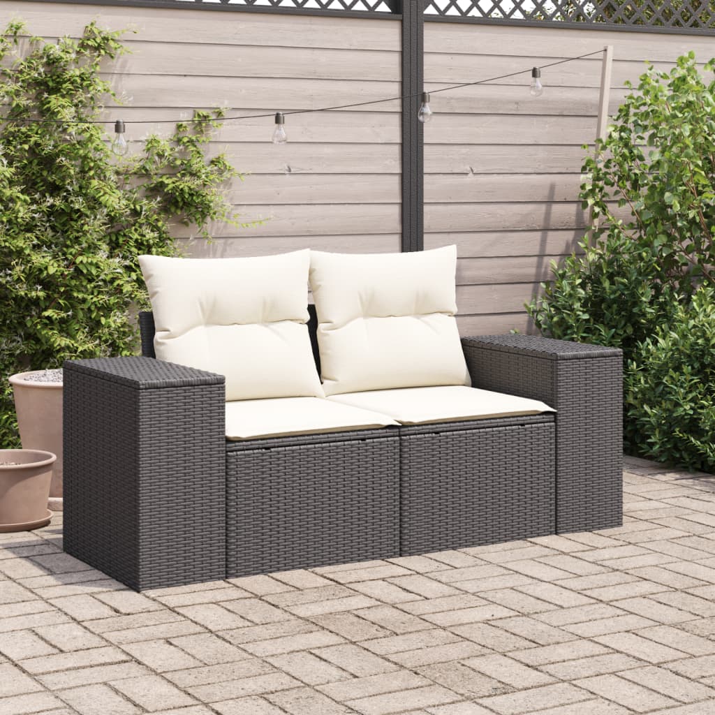 Divano da Giardino con Cuscini a 2 Posti Nero in Polyrattan 366019