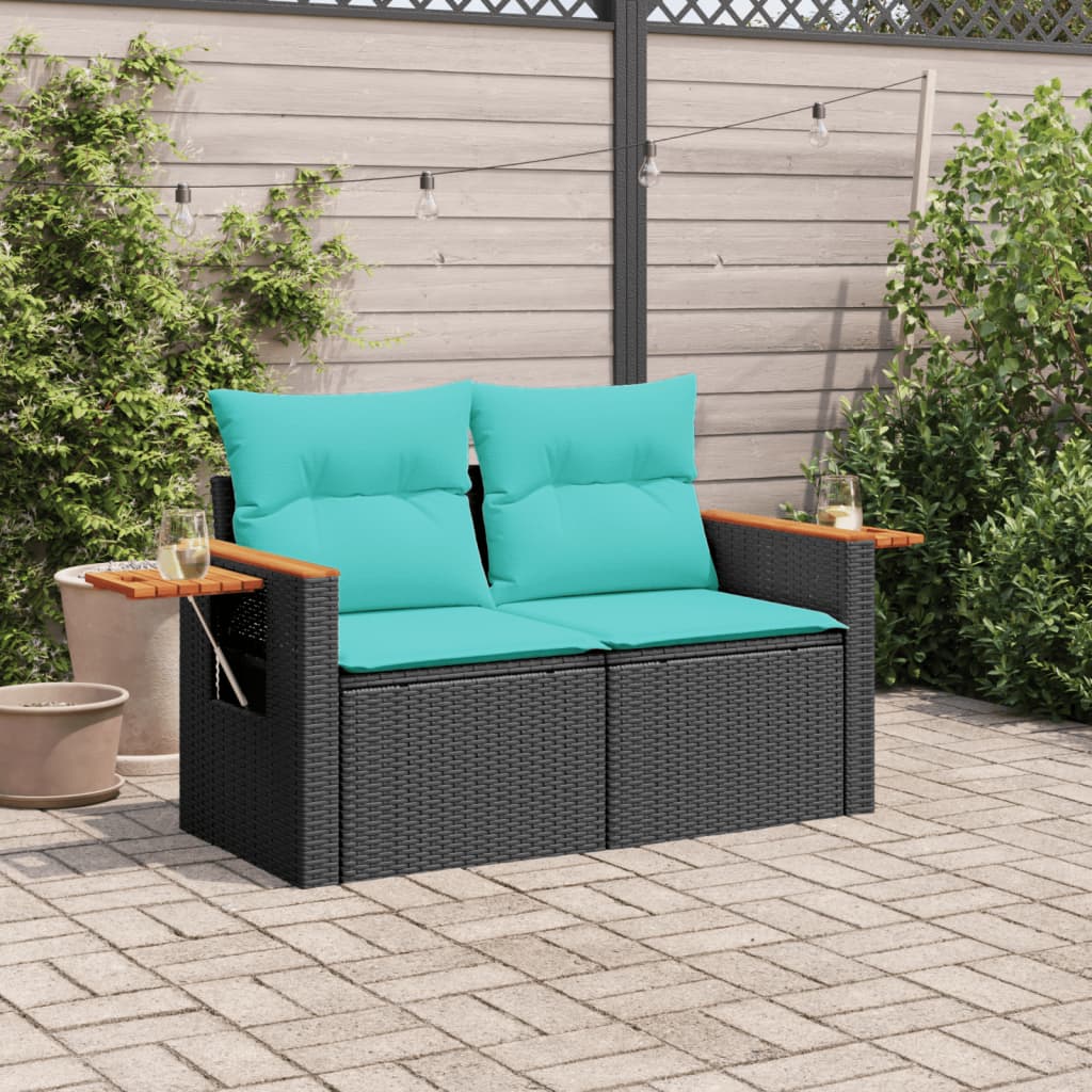 Divano da Giardino con Cuscini a 2 Posti Nero in Polyrattan 366036