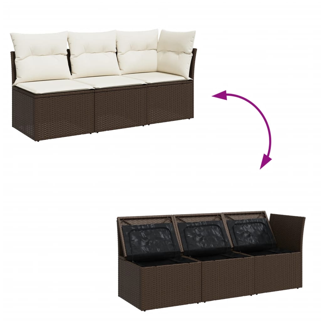 <em> Divano da Giardino a 3 Posti con Cuscini in Polyrattan Marrone</em>