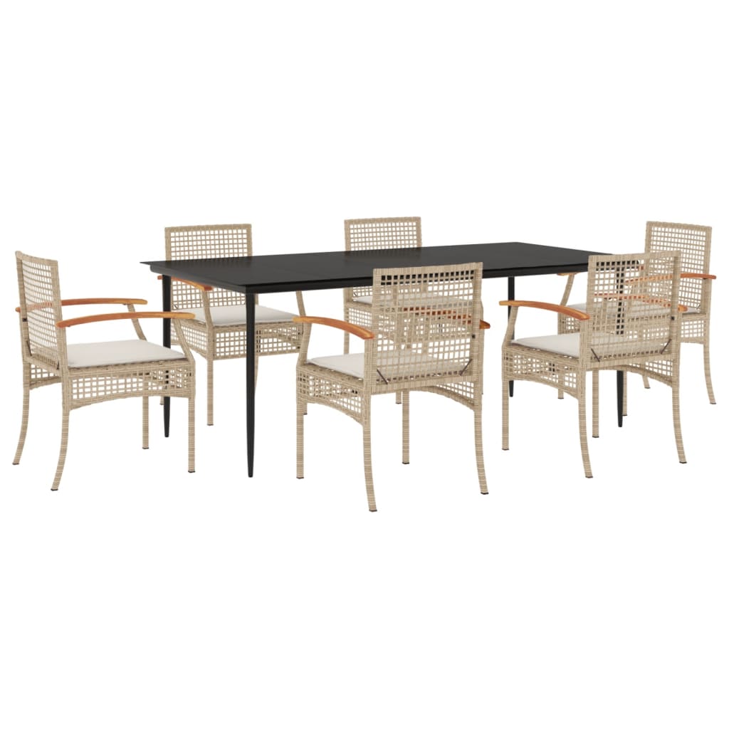 Set da Pranzo da Giardino 7 pz con Cuscini Beige in Polyrattan