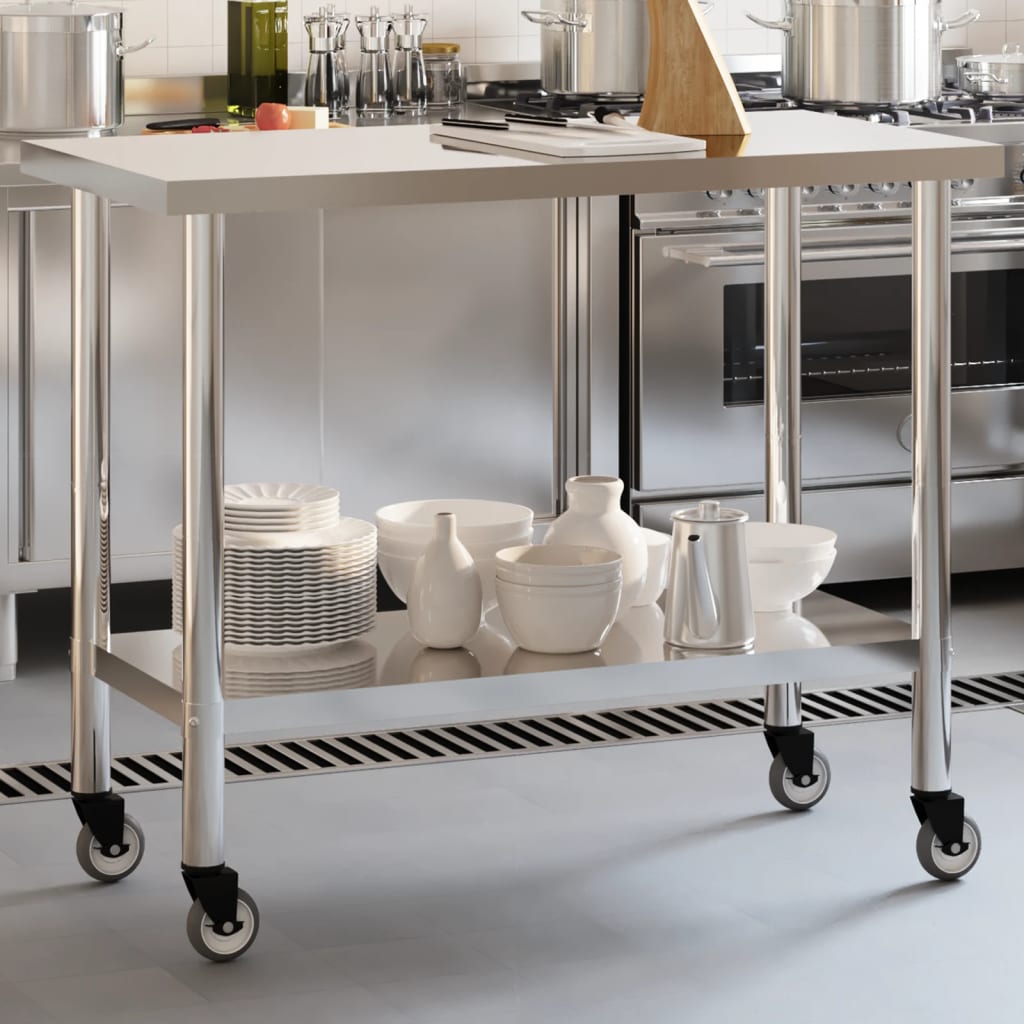 Tavolo da Lavoro Cucina con Ruote 110x55x85 cm in Acciaio Inox 376464