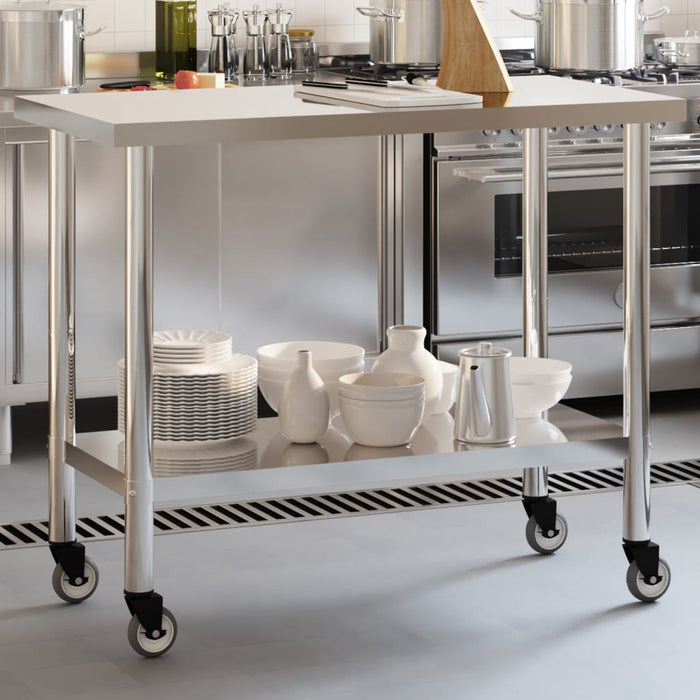Tavolo da Lavoro Cucina con Ruote 110x55x85 cm in Acciaio Inox 376467