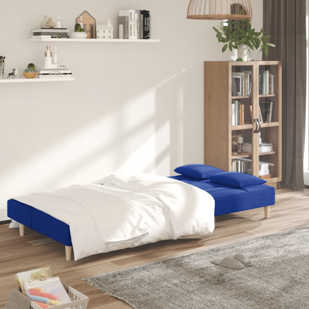 Divano Letto a 2 Posti con 2 Cuscini Blu in Tessuto 375796