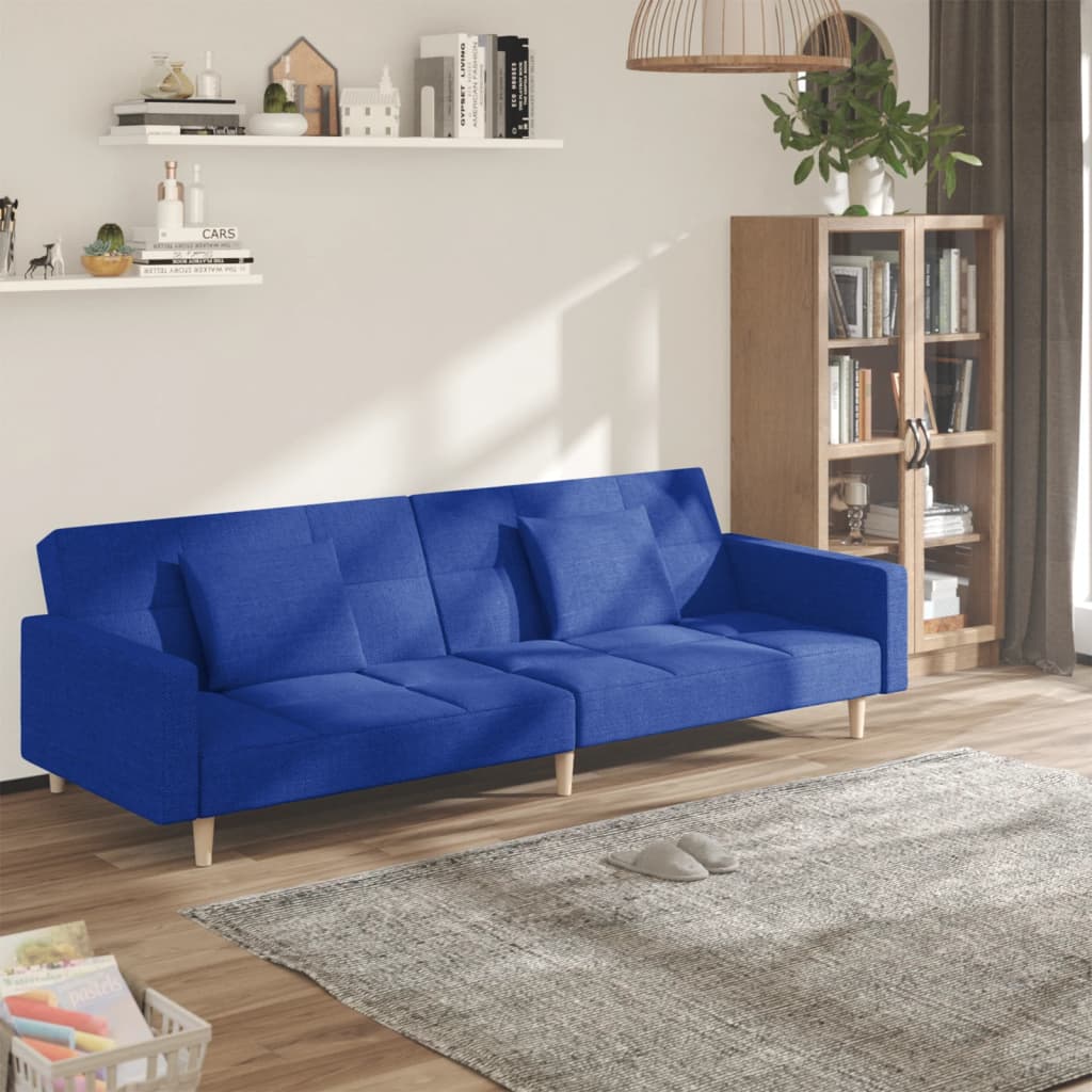 Divano Letto a 2 Posti con 2 Cuscini Blu in Tessuto 375803