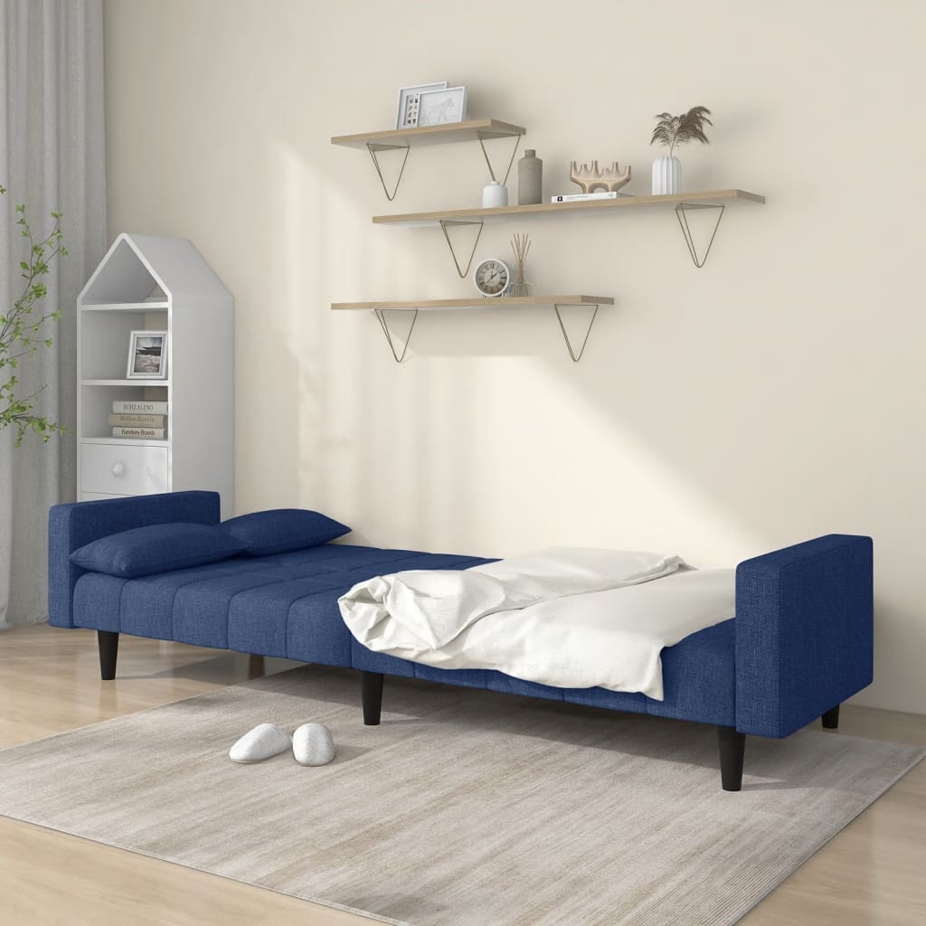 Divano Letto a 2 Posti con 2 Cuscini Blu in Tessuto 375837