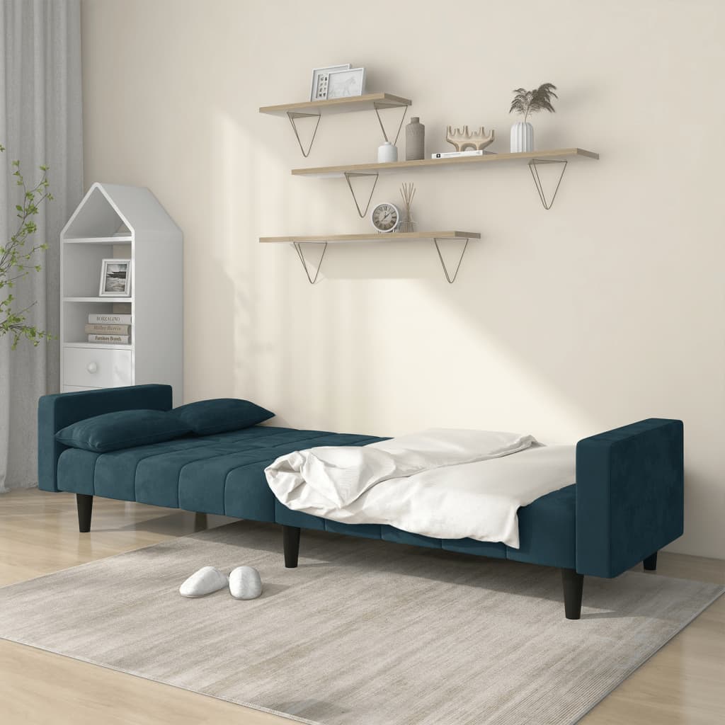 Divano Letto a 2 Posti con 2 Cuscini Blu in Velluto 375846