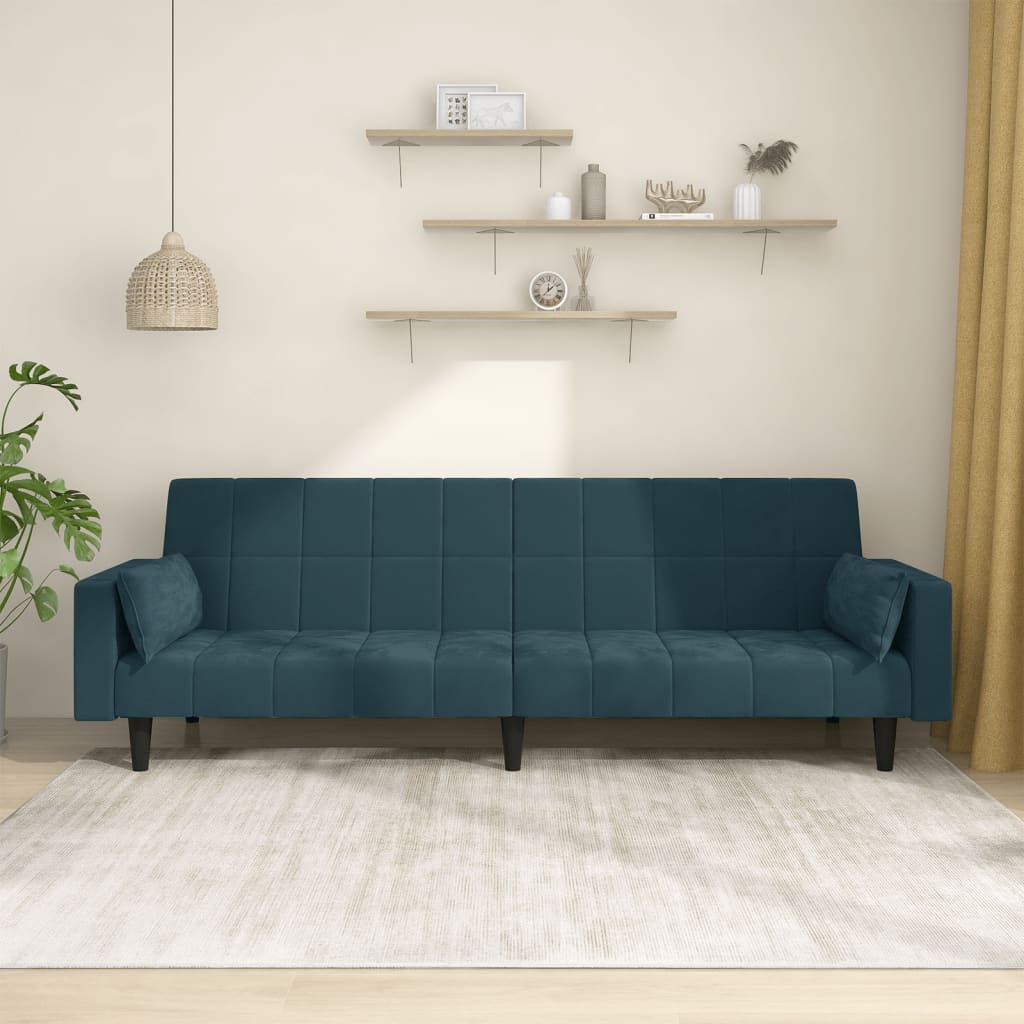 Divano Letto a 2 Posti con 2 Cuscini Blu in Velluto 375846