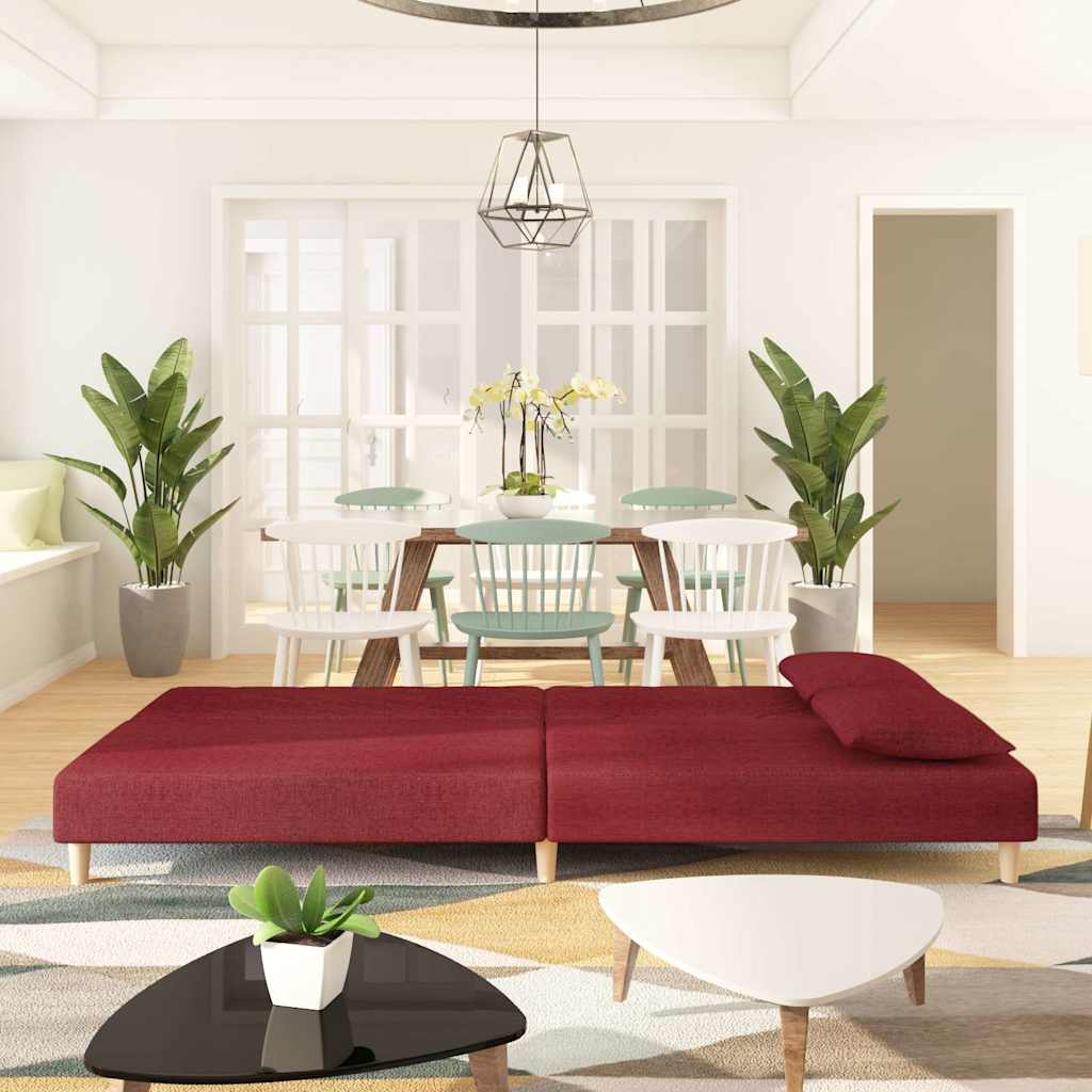 Divano Letto a 2 Posti con 2 Cuscini Rosso Vino in Tessuto 375896